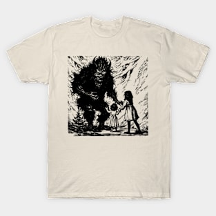 Krampus Scaring Children - Woodcut Printed Christmas Illustration T-Shirt